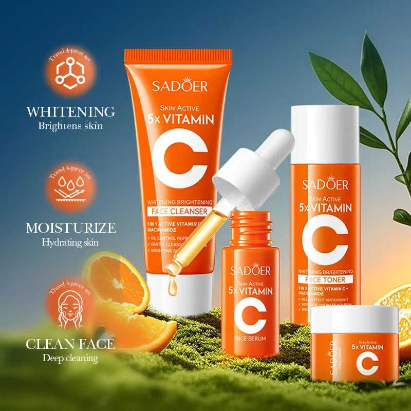 Sadoer Vitamin C 5Pcs Set Cleanser Toner Serum Cream Brightening Moisturizing Korean Skincare